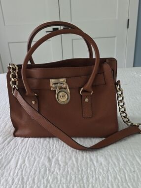 Michael Kors Hamilton Chestnut Leather Satchel with Gold Hardware